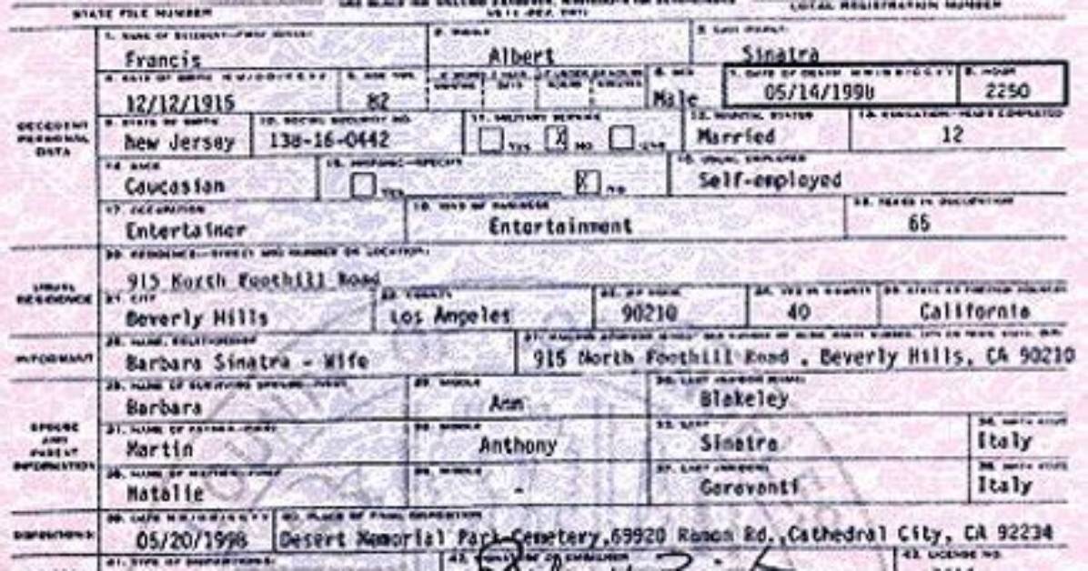 Frank Sinatra S Birth Certificate Francis Albert Sinatra S
